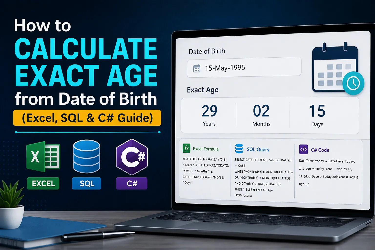 How to Calculate Exact Age from Date of Birth (Excel, SQL & C# Guide)