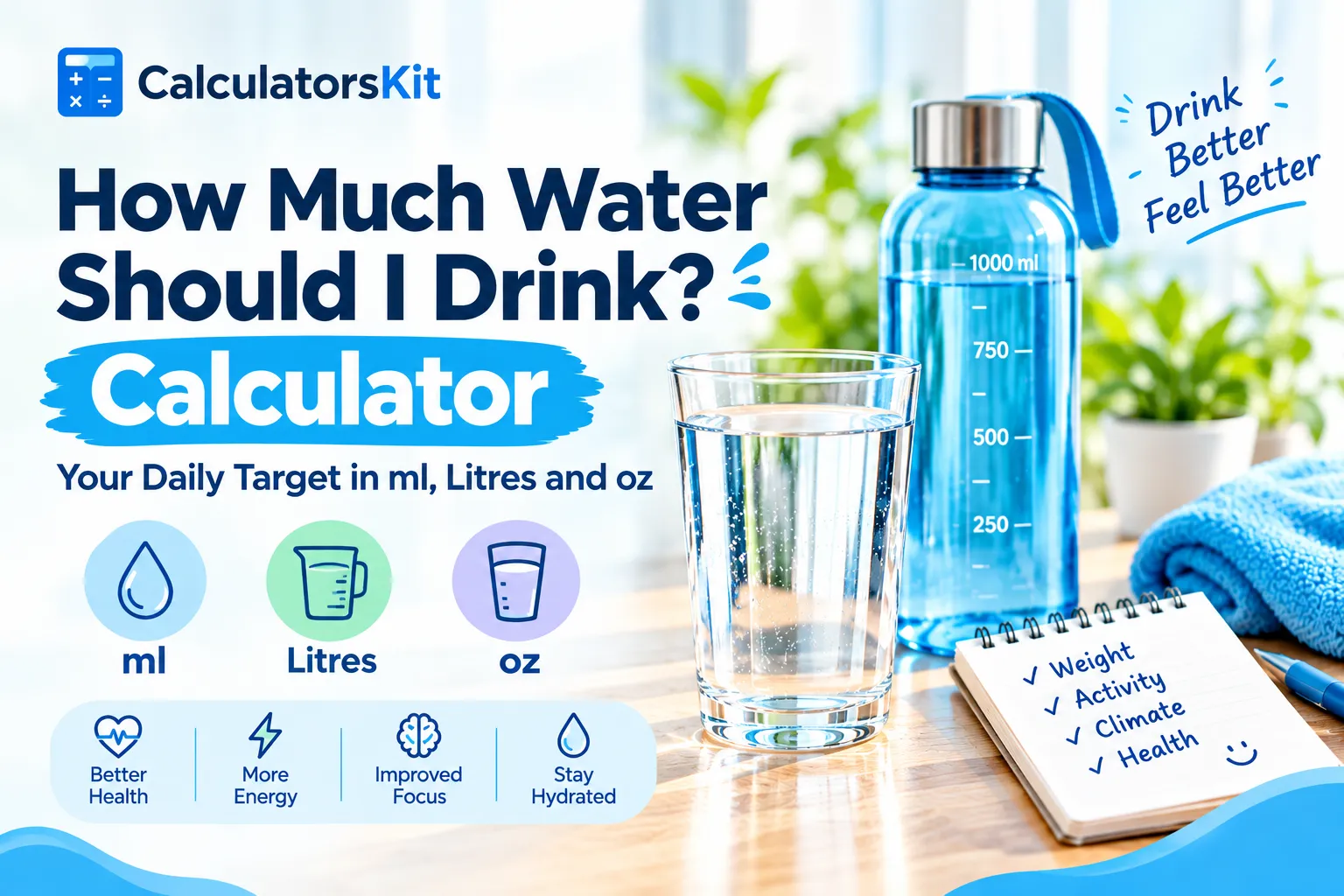 How Much Water Should I Drink Calculator: Your Daily Target in ml, Litres and oz